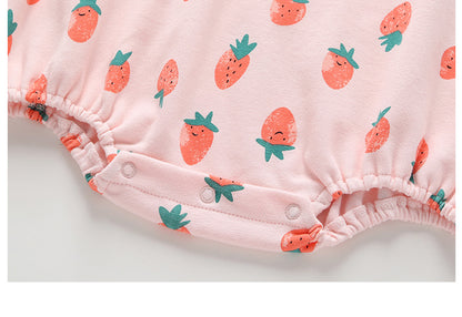 Baby Girl 1pcs All Over Strawberries Graphic Lapel Design Puff Sleeves Bodysuit My Kids-USA