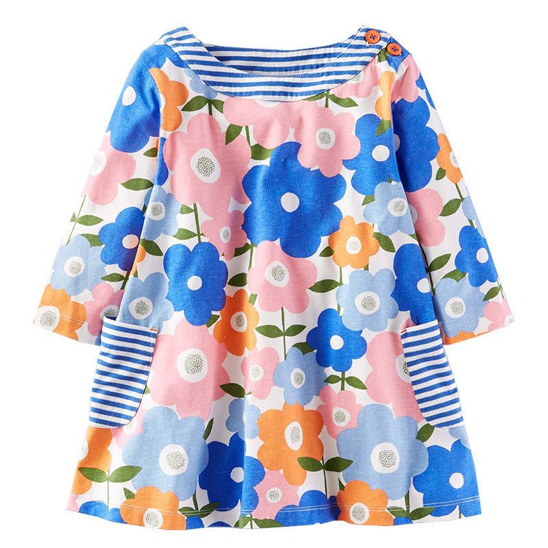 Baby Girl Floral And Striped Pattern Soft Cotton Loose Dress My Kids-USA