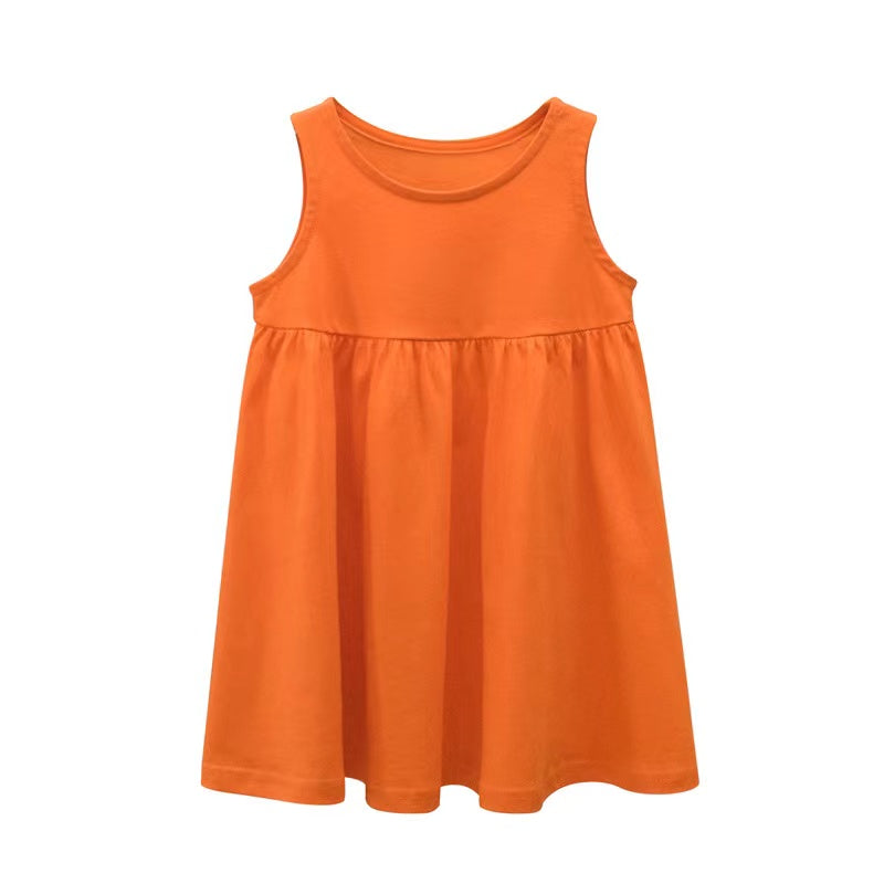 Baby Girls Solid Round Collar Design Sleeveless Dress In Summer My Kids-USA