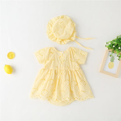 Baby Girl 1pcs Solid Color Hollow Carved Design Bow Onesies Dress My Kids-USA