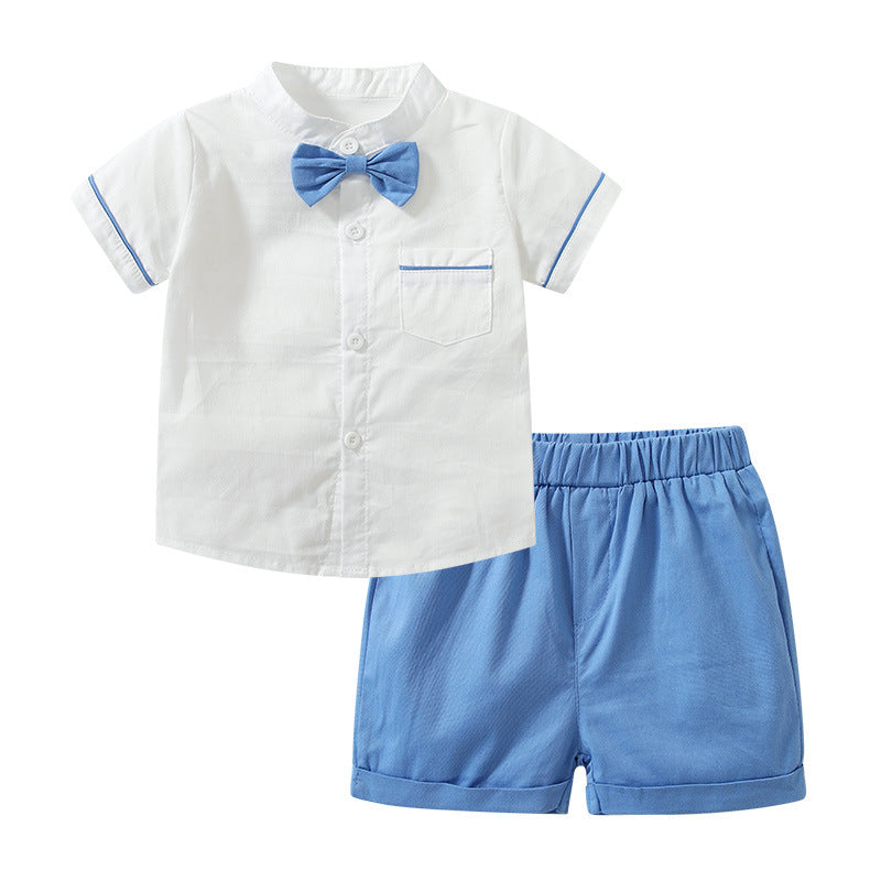 Baby Boy Solid Color Single Breasted Design Bow Tie Shirt Combo Shorts College Style Sets My Kids-USA