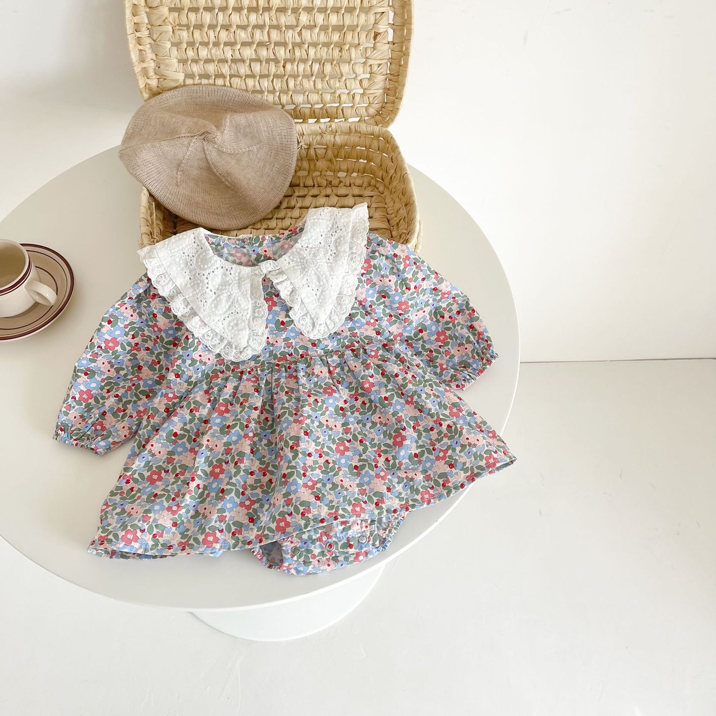 Baby Girl Little Floral Print Lace Hollow-Out Lapel Collar Long-Sleeved Dress