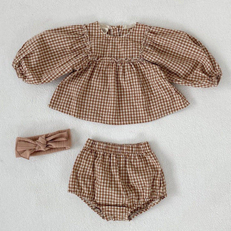 Conjuntos de 3 piezas de blusas sueltas con patrón de tela escocesa para niña bebé con diadema de pantalones cortos 