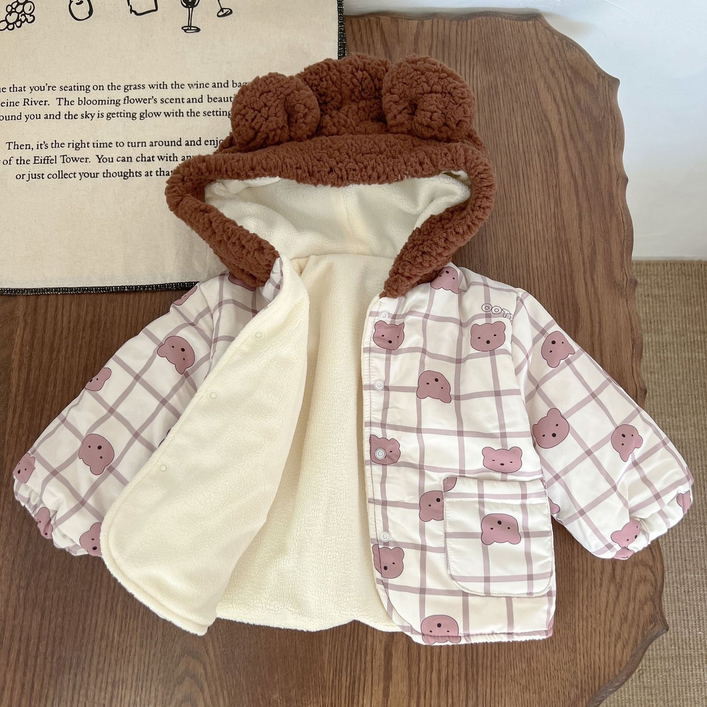 Baby Cute Bear Print Pattern Patchwork Hooded Padded Jacket My Kids-USA