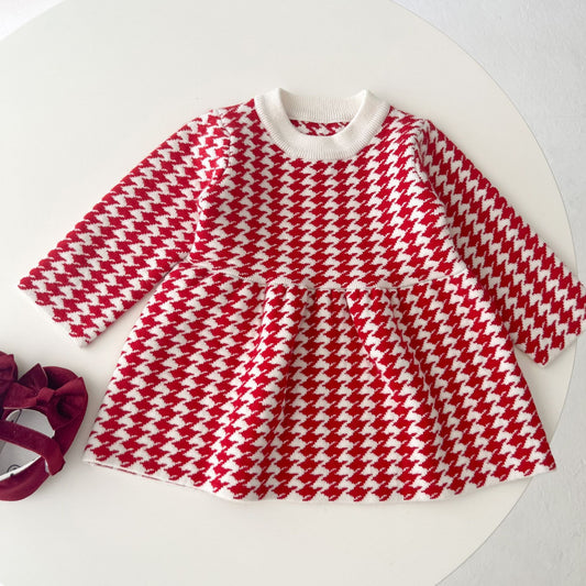 Baby Girl Hounds tooth Pattern Loose Long Sleeve Thickened Dress, MyKids-USA®, Baby & Toddler Dresses, MyKids-USA - Size/Age - 73 (6-9M) - Color - Red -  -  - JM2209141546-B.