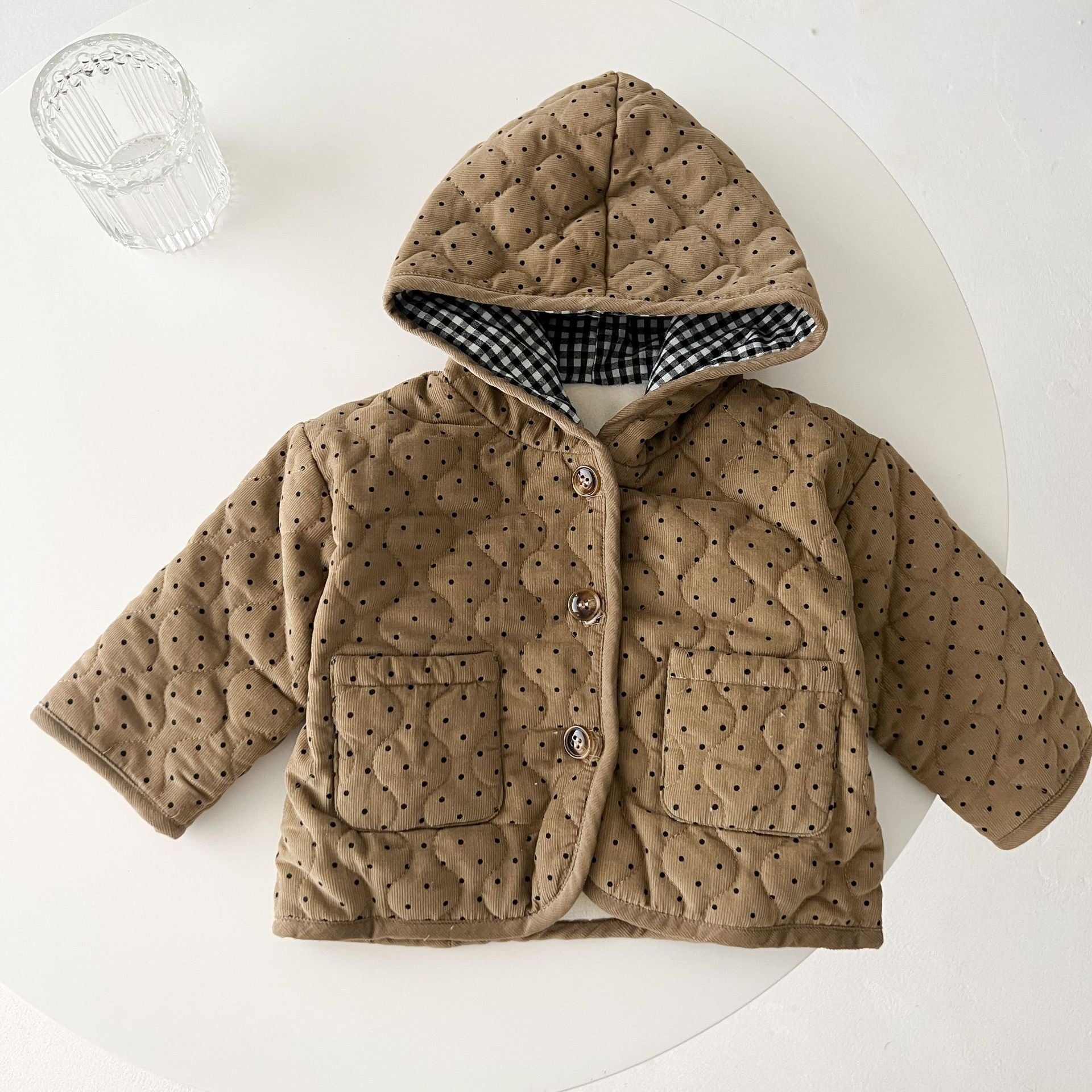 Baby Dot Pattern Corduroy Fabric Quilted Warm Coat With Hat My Kids-USA