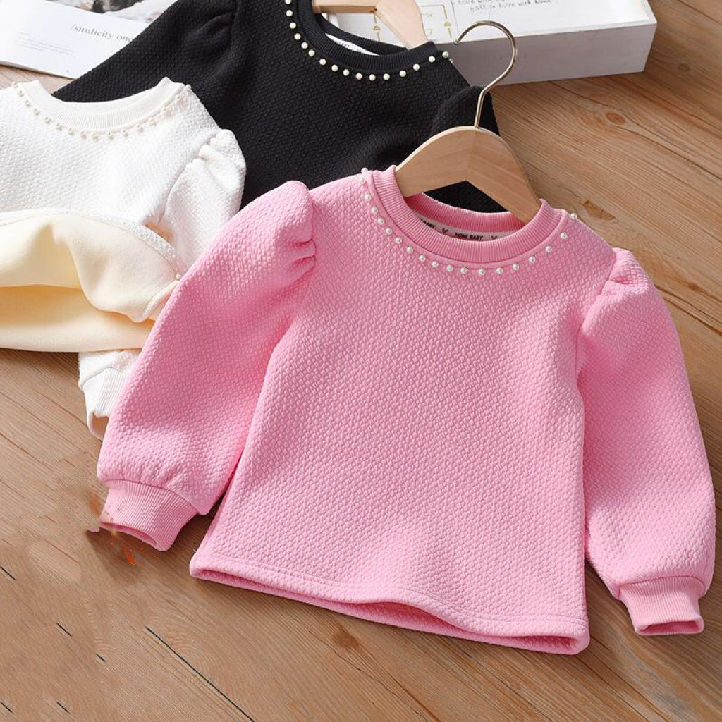 Baby Girl Solid Color Pearl Patched Neck Design Loose Sweet Hoodies My Kids-USA