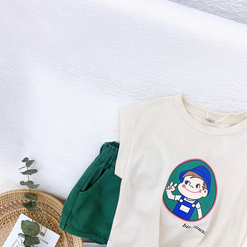 Baby Bear Cartoon Print T-Shirt Combo Solid Color Shorts Sets