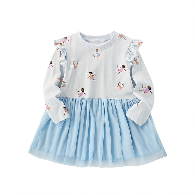 Baby Girl Elk Print Pattern Mesh Patchwork Design Long Sleeve Princess Dress My Kids-USA