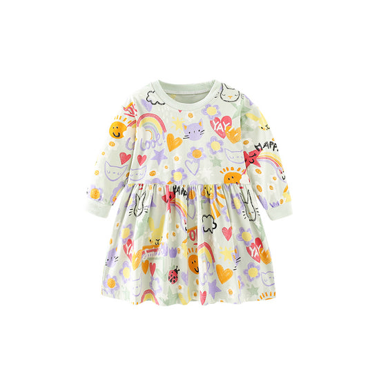 Baby Girl All Over Cartoon Print Pattern A-Line Style Princess Dress
