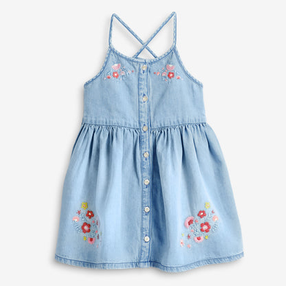 Baby Girl Flower Embroidered Graphic Button Front Denim Sleeveless Dress My Kids-USA