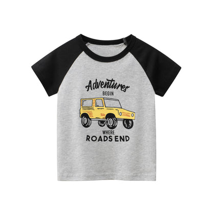 Boy Car With Letter Print Round Collar Short-Sleeved T-Shirt