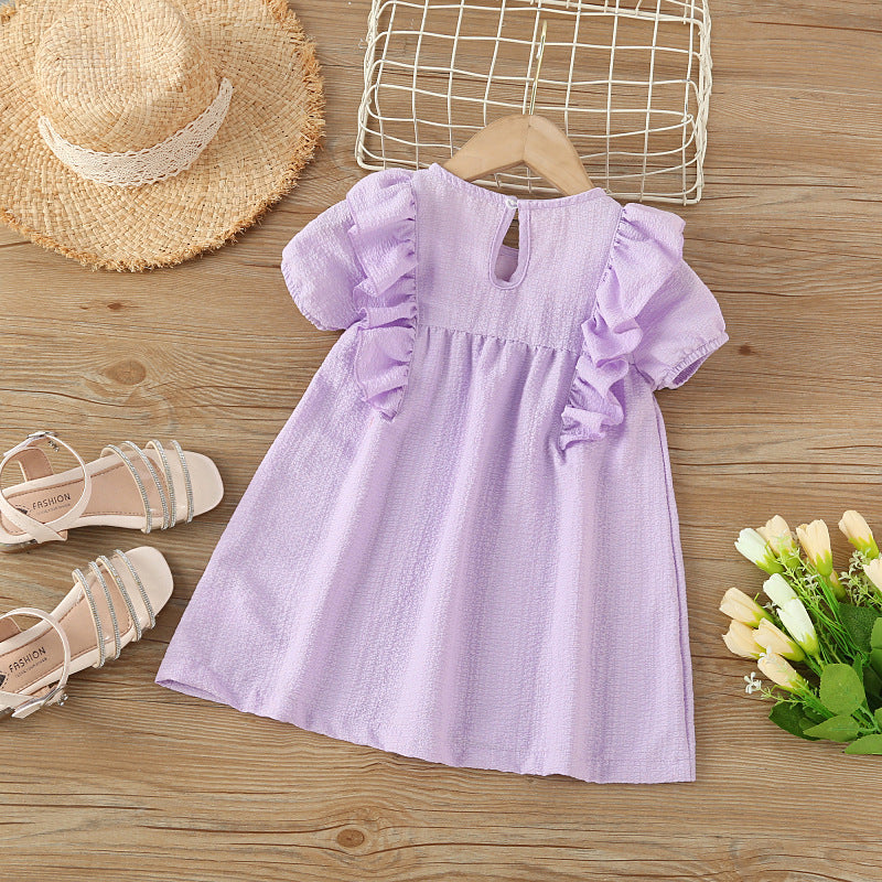 Vestido de verano de estilo simple con diseño de volantes de color sólido para bebé 