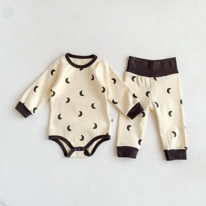 Baby Print Pattern Crewneck Long Sleeve Tops With Pants Sets