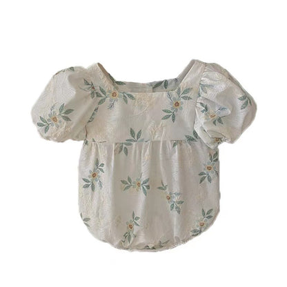 Baby Girl Solid Color Floral Print Pattern Puff Sleeved Onesies
