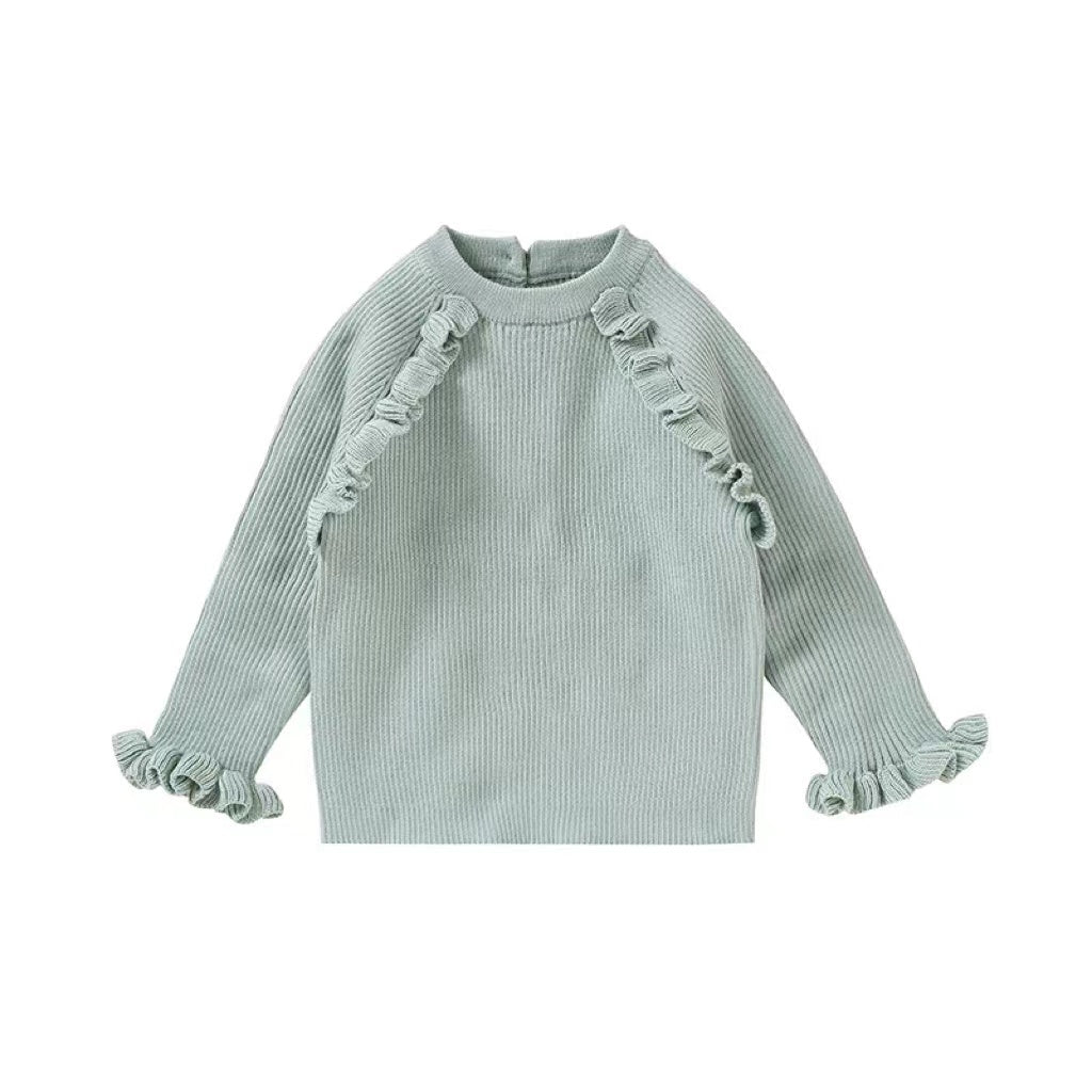 Baby Girl Solid Color Ruffle Design Long Sleeved Pullover Sweater My Kids-USA