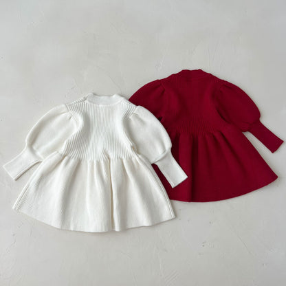 Baby Girl Solid Lantern-Sleeved Knitting Dress In Autumn