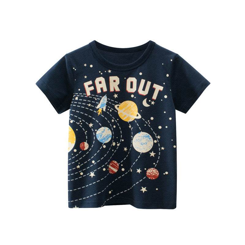 Baby Boy Planet Print Short-Sleeved Soft T-Shirt In Summer Outfit Wearing