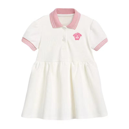 Kids Solid White Patchwork Pink Collar Short-Sleeved Dress My Kids-USA