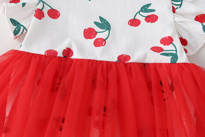 Baby Girl Cherry Print Pattern Mesh Patchwork Design Round-Collar Short-Sleeved Summer Dress Onesies