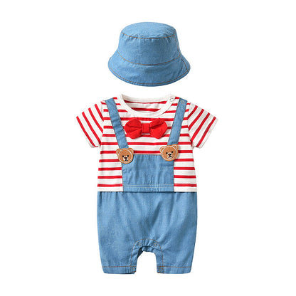 Baby Striped Graphic Cartoon Bear Patched Bow Tie False 1-Pieces Strap Jumpsuit My Kids-USA