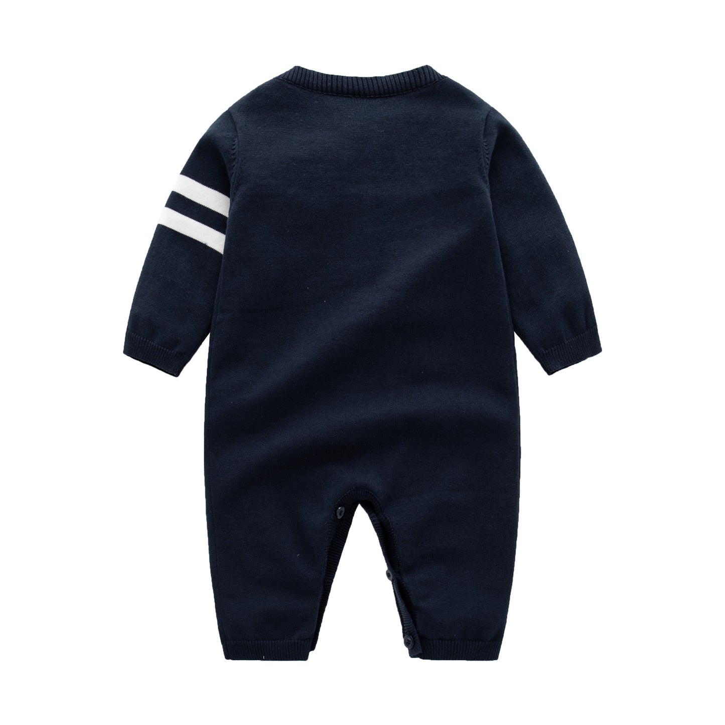 Mameluco de moda con botones completos y diseño de rayas laterales con patrón bordado de letras para bebés 