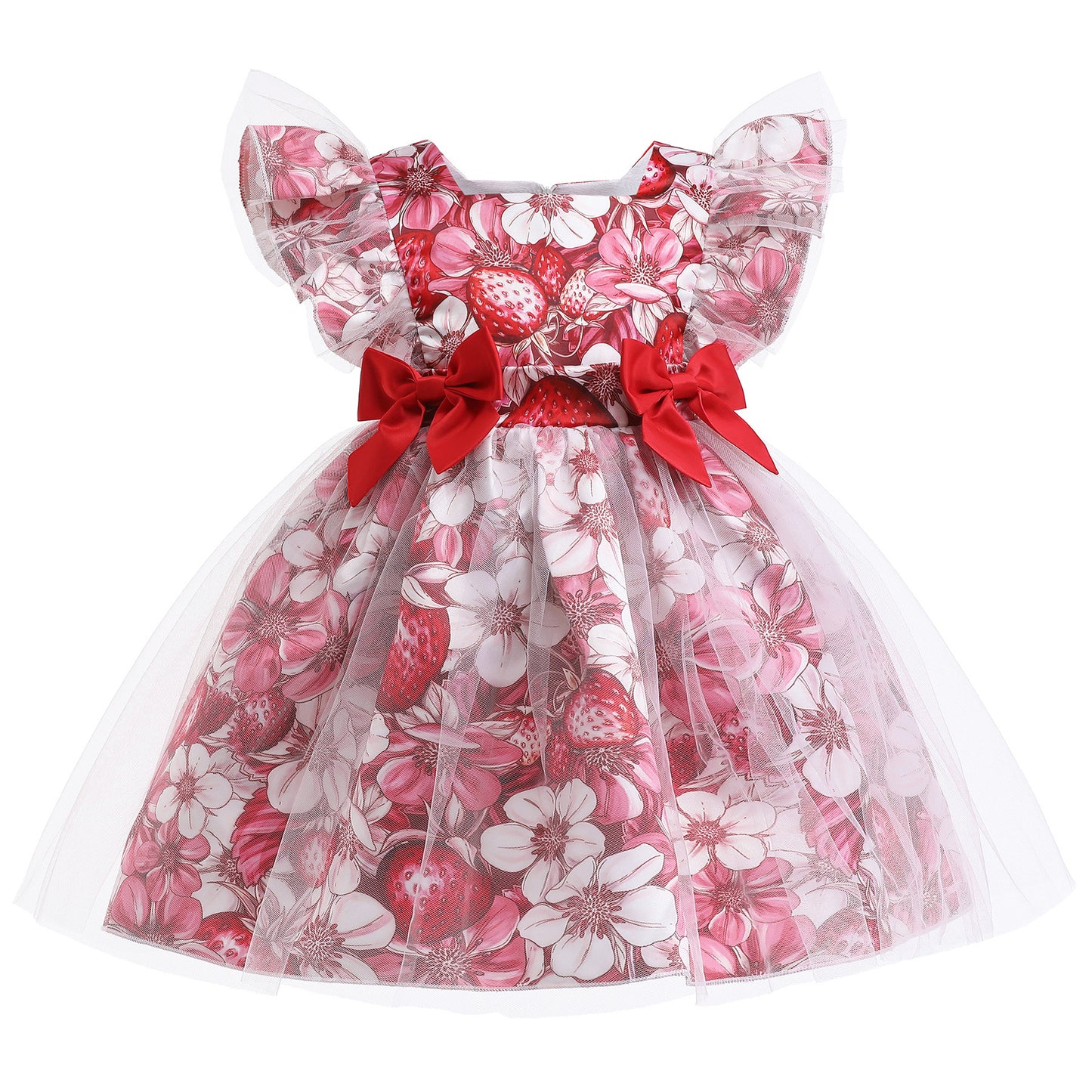 Baby Red Flower Graphic Mesh Patched Design Princess Cute Dress