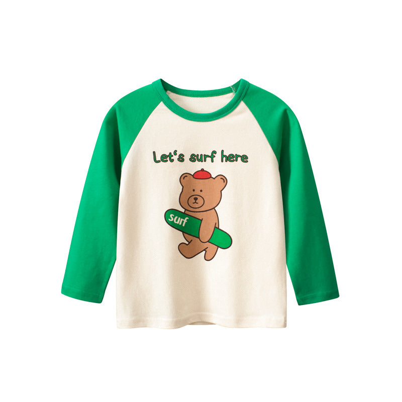 Baby Boy And Girl Cartoon Bear Pattern Colorblock Sleeve Design Cotton Shirt