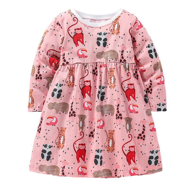 Baby Girl Cartoon Animals Print Pattern A-Line Style Dress My Kids-USA
