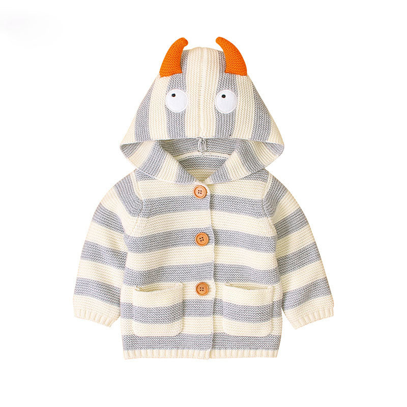 Baby Striped Pattern Button Front Knitted Cardigan With Cartton Hat My Kids-USA