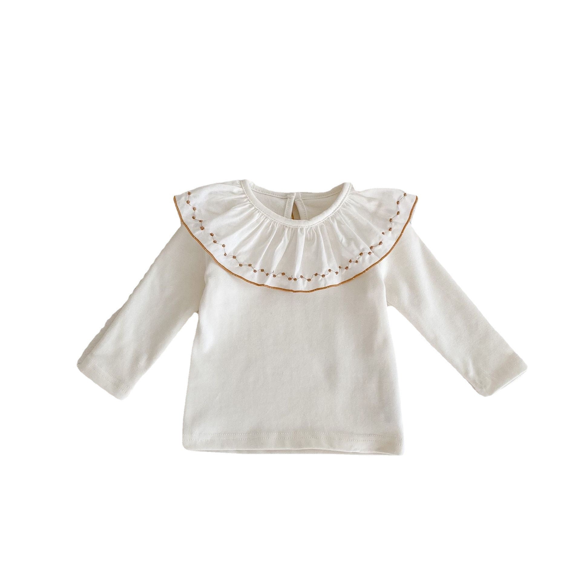 Baby Girl Solid Color Embroidered Ruffle Neck Cotton Shirt My Kids-USA