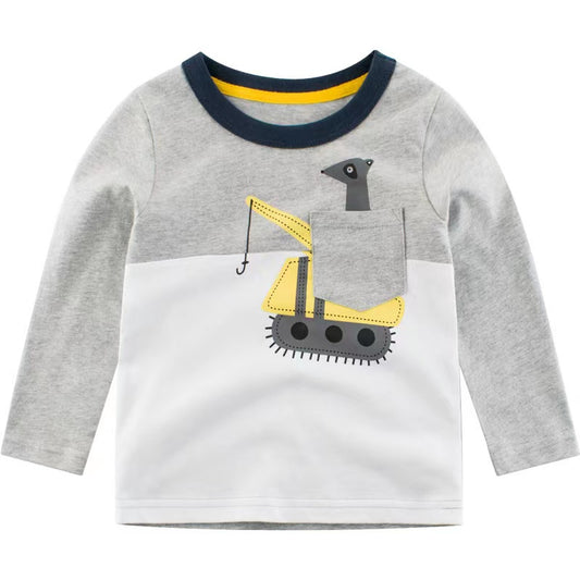 Baby Boy Cartoon Excavator & Animal Pattern Contrast Design Shirt