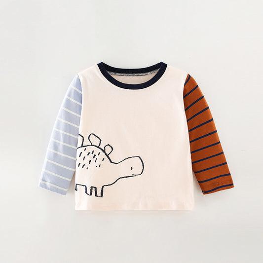 Baby Boy Dinosaur Pattern Striped Sleeve Design Cotton Shirt