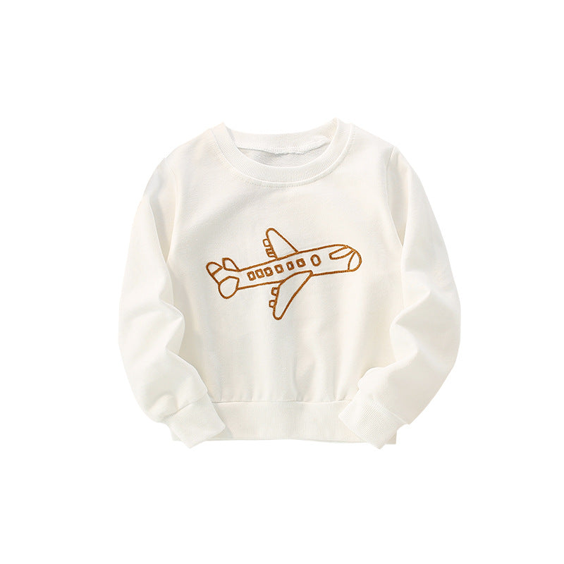 Baby Plane Embroidered Pattern Solid Color Long Sleeve Quality Hoodie