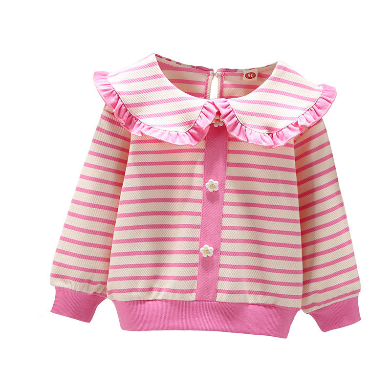 Baby Girl Striped Pattern Flower Patched Design Korean Style Coat My Kids-USA