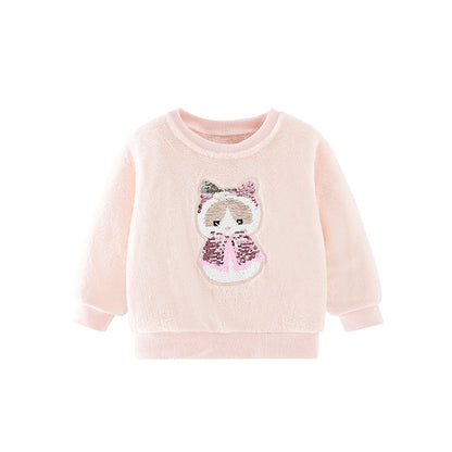 Baby Girl Sequins Animal Graphic Coral Fleece Soft Hoodie