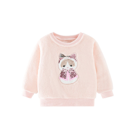 Baby Girl Sequins Animal Graphic Coral Fleece Soft Hoodie