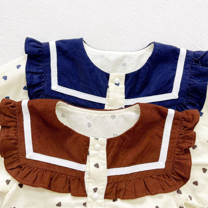 Baby Girl Heart Print Navy Collar Long-Sleeved Romper