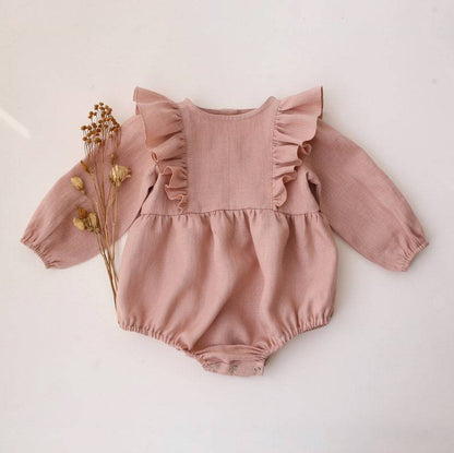 Baby Girl Solid Color Ruffle Design Linen Cotton Triangle Bodysuit My Kids-USA