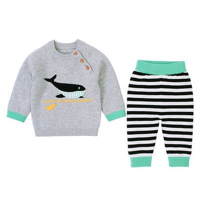 Baby Boy Cartoon Animal Embroidered Pattern Shoulder Button Design Pullover Sweater & Striped Trousers Sets My Kids-USA