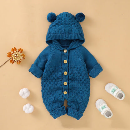 Baby 1pcs Cable Knitted Graphic Button Front Design Rompers With Hairball Patched Hat My Kids-USA