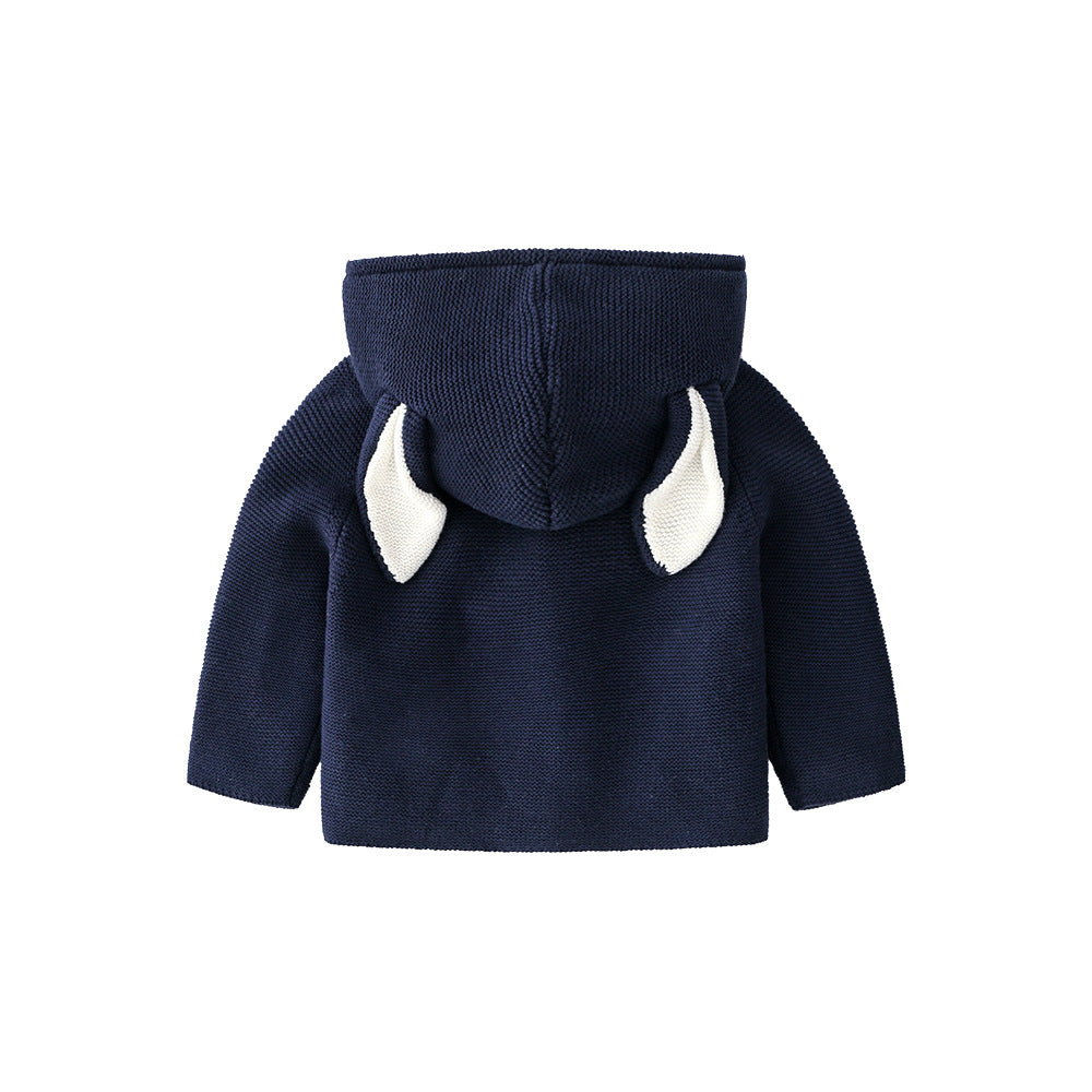 Baby Solid Color Bunny Ear Patched Hat Design Button Front Knitted Sweater Cardigan My Kids-USA