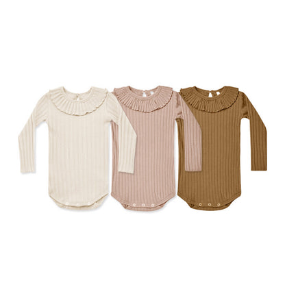 Baby Girl Solid Color Ruffle Neck Long Sleeve Knit Onesies My Kids-USA