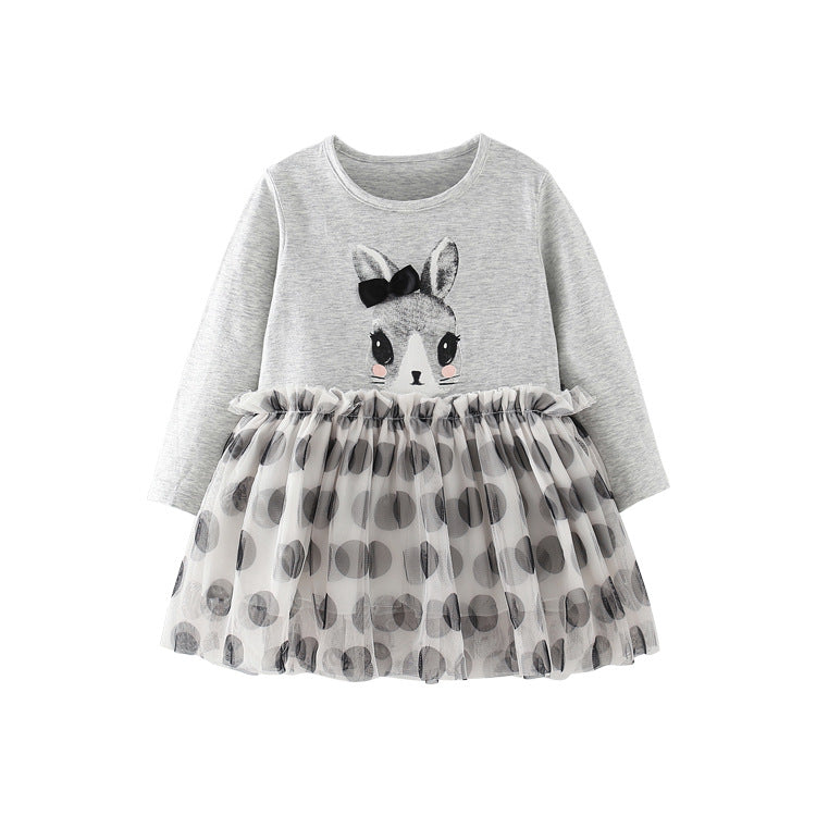 Baby Girl Cartoon Bunny Graphic Dot Printed Mesh Overlay Design Long Sleeves Soft Dress My Kids-USA