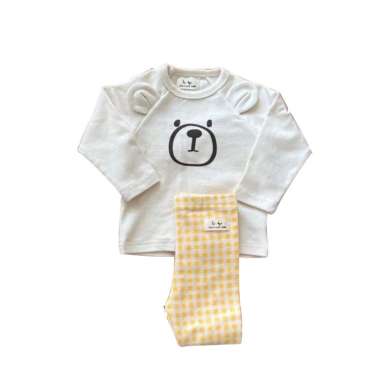 Baby Cute Bear Pattern Shirt Combo Plaid Pattern Pants Sets Home Clothes My Kids-USA