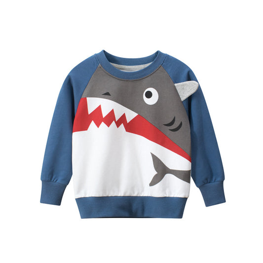 Baby Boy Shark Graphic Contrast Design Long Sleeved O-Neck Pullover Hoodies, MyKids-USA®, Baby & Toddler Outerwear, MyKids-USA - Size/Age - 90 (12-24M) - Color - Blue -  -  - JM2205262103-A