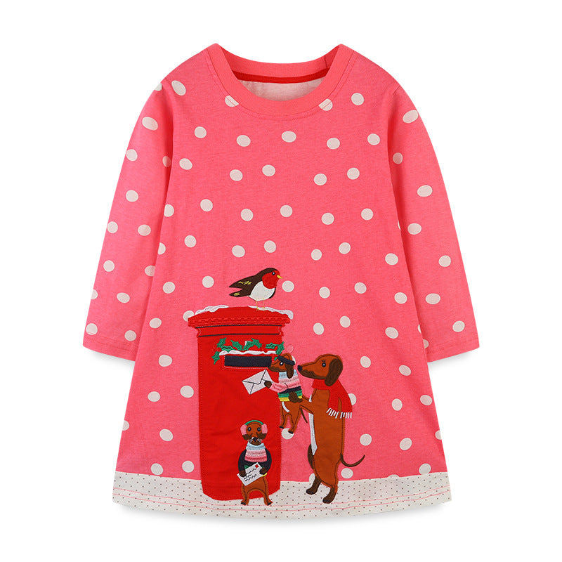 Baby Girl Polka Dot Pattern Cartoon Patched Design Loose Dress My Kids-USA