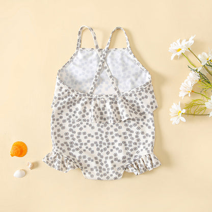 Baby Girl Floral Print Pattern Lace Design Sling Swimsuit Onesies In Summer My Kids-USA