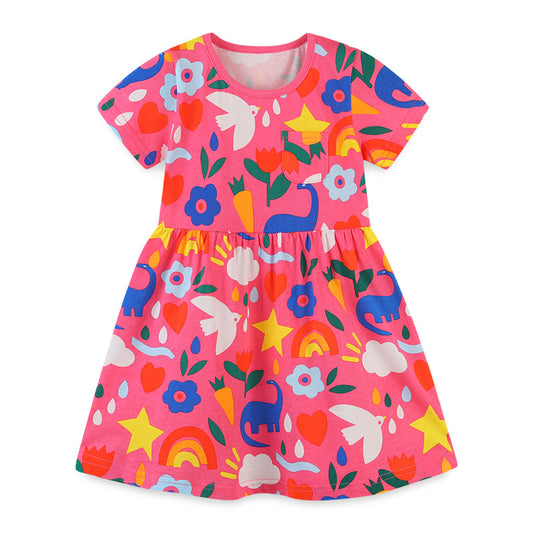 Baby Girl Floral Print Pattern Short Sleeve Crewneck Fashion Dress