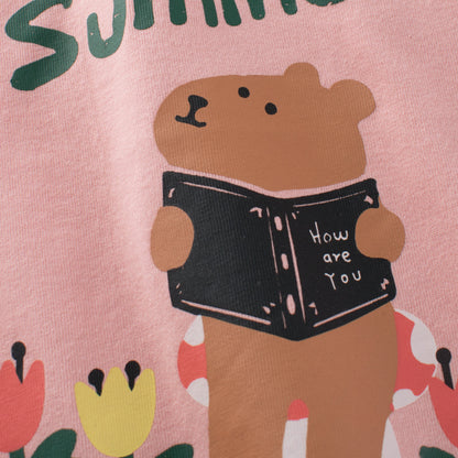 Baby Girl Cute Bear Print Pattern Simple Colorblock Collar Shirt